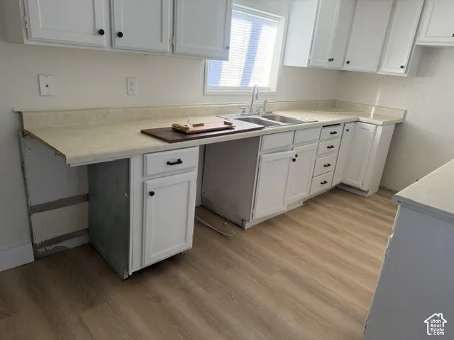 Kitchen featuring white cabinetry, light-toned laminate countertops, a double-basin stainless steel sink, and wood-finish flooring