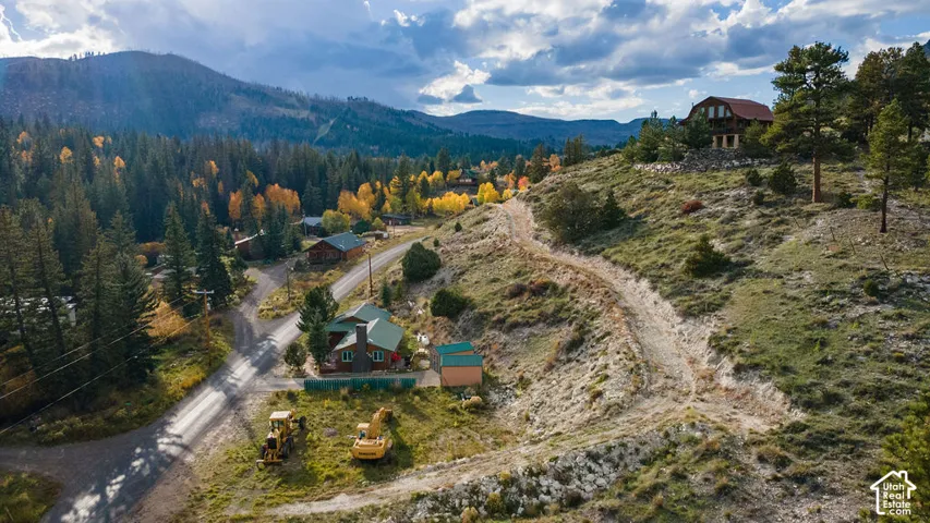Aerial perspective of a multi-structure property featuring rustic dwellings, a stone chimney, metal roof surfaces, and sloped terrain surrounded by forested mountains