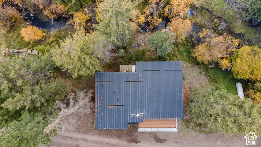 Aerial perspective featuring a metal roof, wood-plank deck, and mature evergreen and deciduous trees surrounding a natural water feature