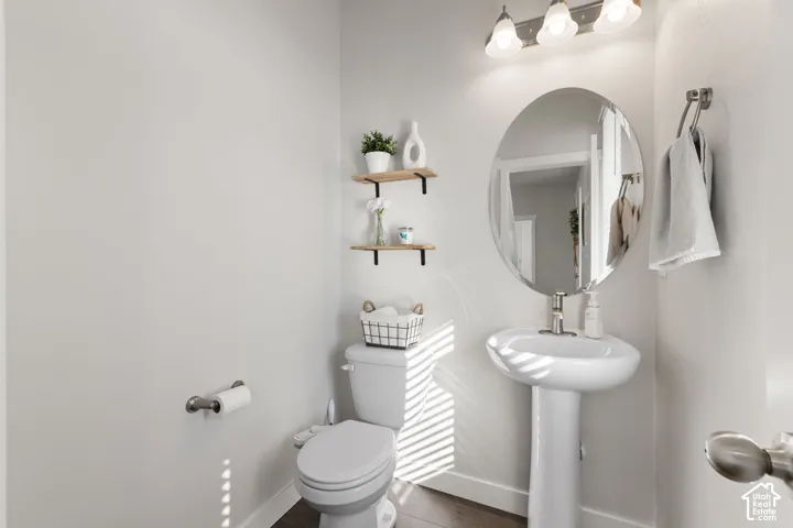 Pedestal sink featuring a chrome faucet, oval wall-mounted mirror, three-bulb vanity light fixture, and wood-finish flooring