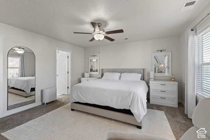 Neutral-toned room featuring wall-to-wall carpeting, an integrated ceiling fan with light fixture, and an arched wall-mounted mirror