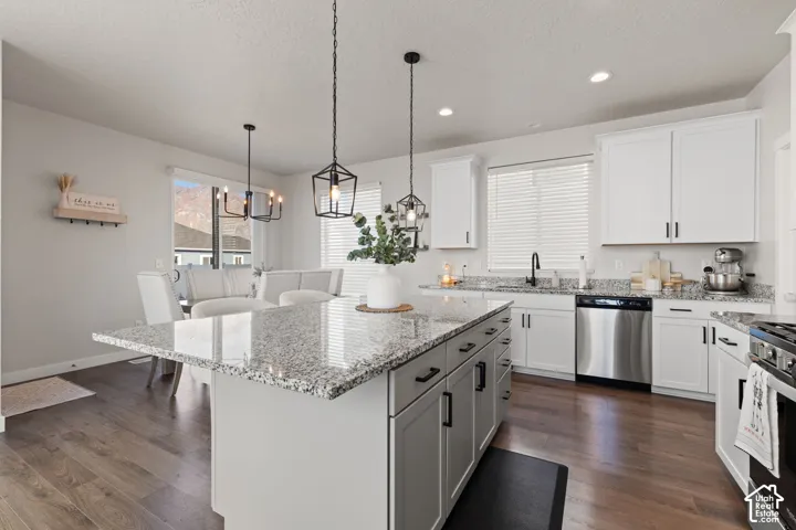 Kitchen featuring a center island with a stone-surface countertop, white cabinetry, dark wood-finish flooring, stainless steel appliances, and matte black pendant lighting