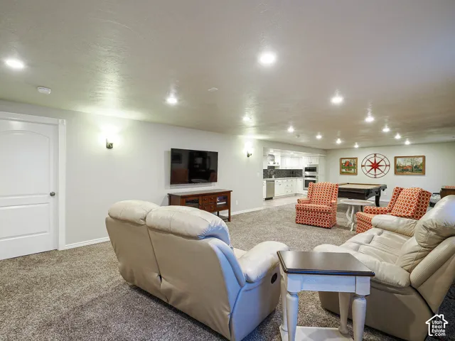 Open-concept interior featuring recessed lighting