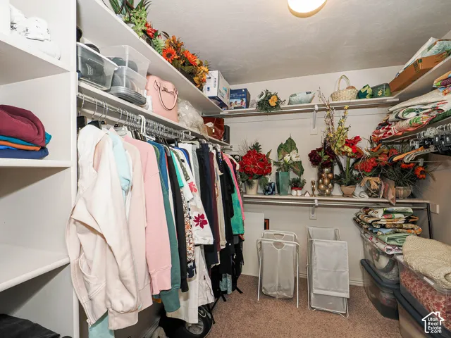 Walk-in closet featuring multi-level open shelving and dual-tier hanging garment rods