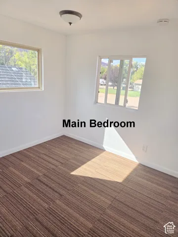 Room featuring neutral walls, wood-finish flooring, two sliding windows, and a flush-mount ceiling light fixture