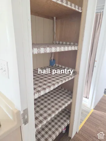 Built-in storage cabinet featuring vertical wood paneling and four integrated wooden shelves