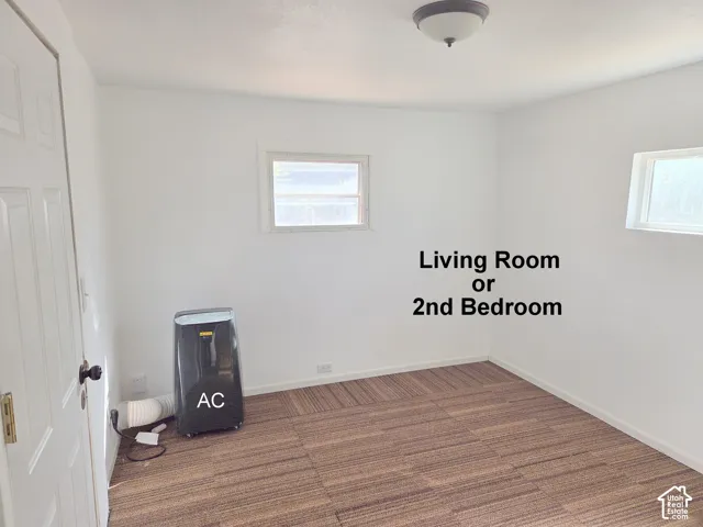 Interior space featuring neutral wall paint, multi-tonal carpeted flooring, two windows with white trim, and a ceiling-mounted light fixture