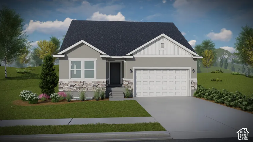 Single-story residence featuring a mixed-material facade of stone veneer and siding, gabled roofline with decorative vertical trim, and an attached two-car garage