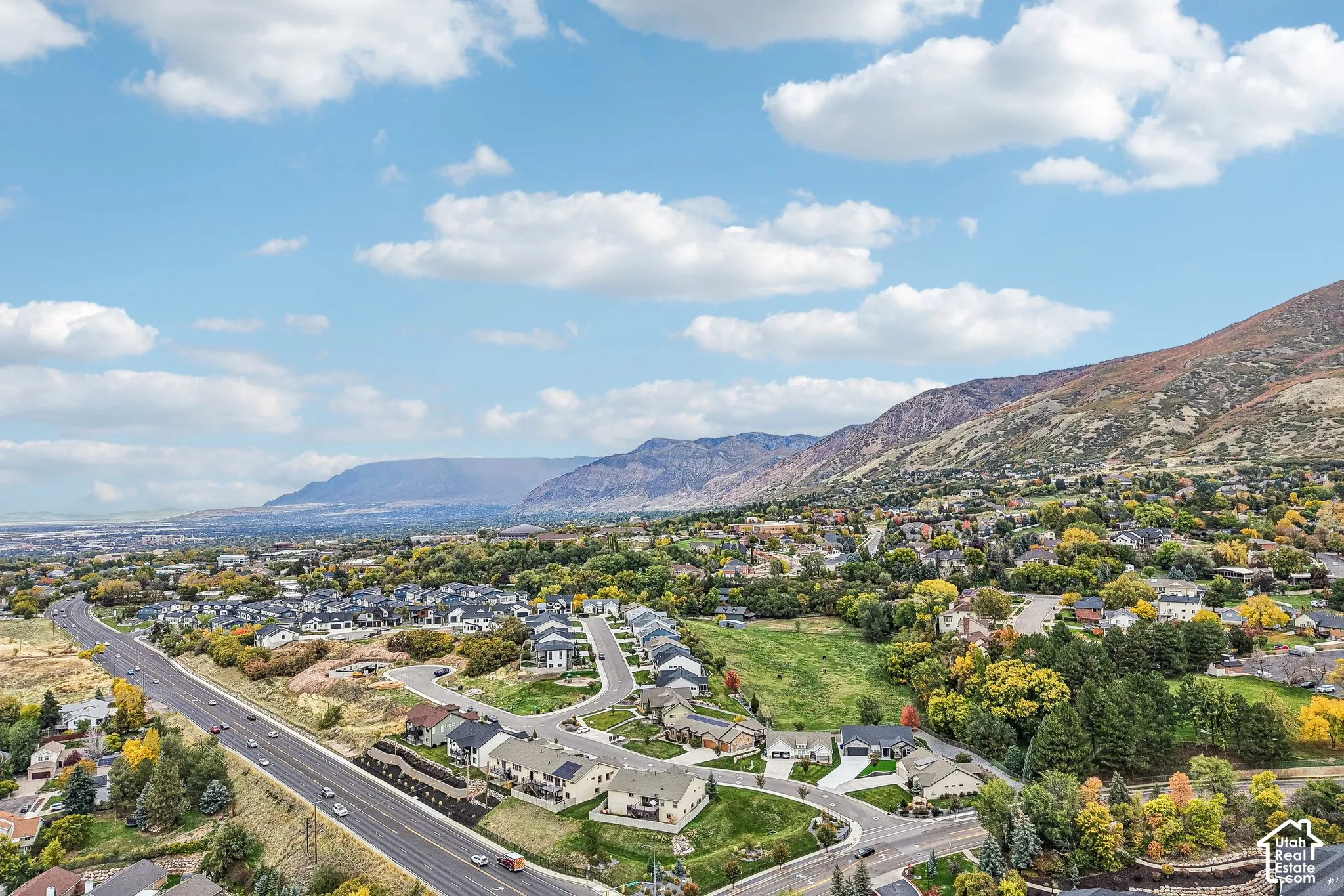 Aerial perspective featuring expansive mountain range backdrop and mature trees within a suburban residential setting