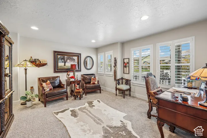 Room featuring recessed ceiling lighting, wall-to-wall carpeting, and custom white interior window shutters