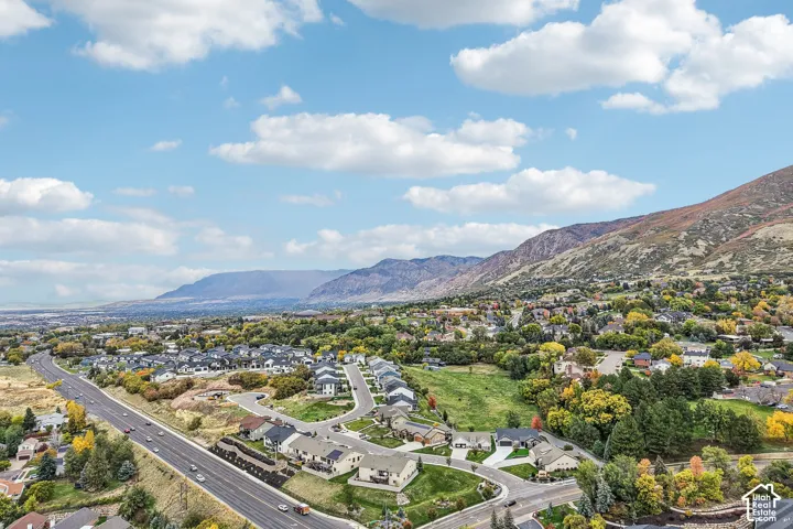 Aerial perspective featuring expansive mountain range backdrop and mature trees within a suburban residential setting