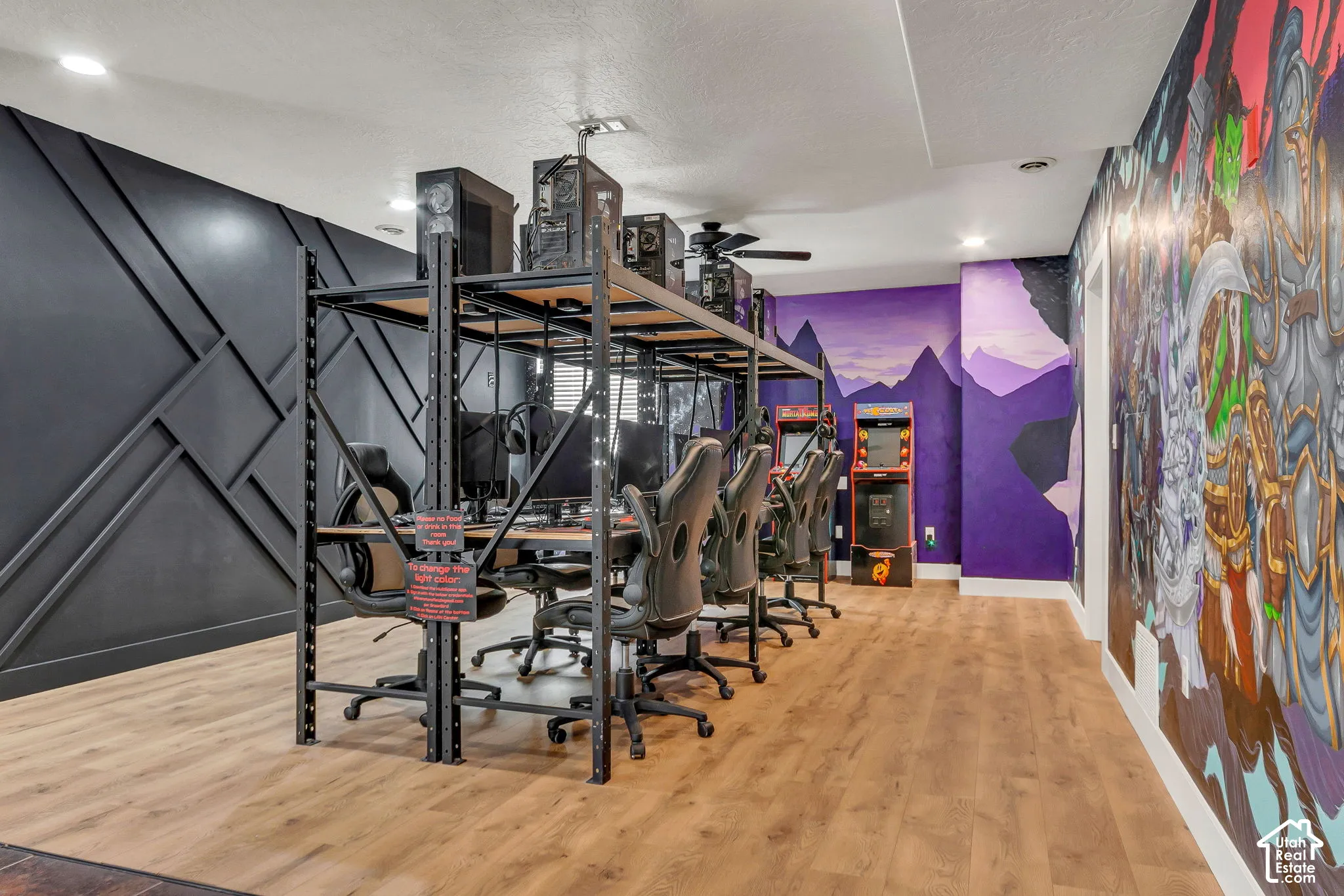 Interior space featuring wood-finish flooring, a matte black wall with geometric accent molding, and a custom mountain-themed wall mural