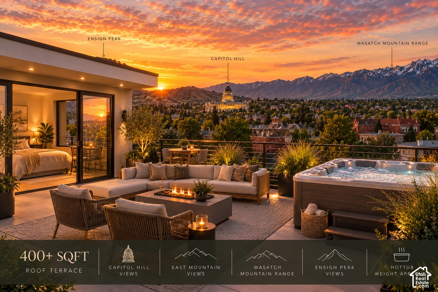 Roof terrace featuring a hardscaped deck, built-in hot tub, and metal railing with expansive mountain and city scenery