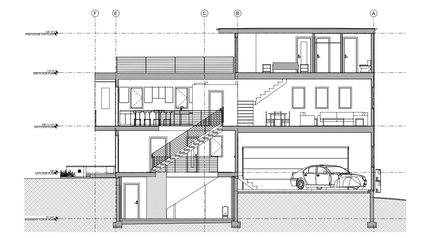 Architectural Sectional Drawing. Illustrating the vertical structural components and elevation markers of the property