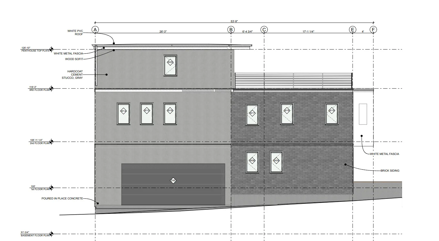 Architectural Elevation Plan. Illustrating material specifications and structural dimensions of the property exterior