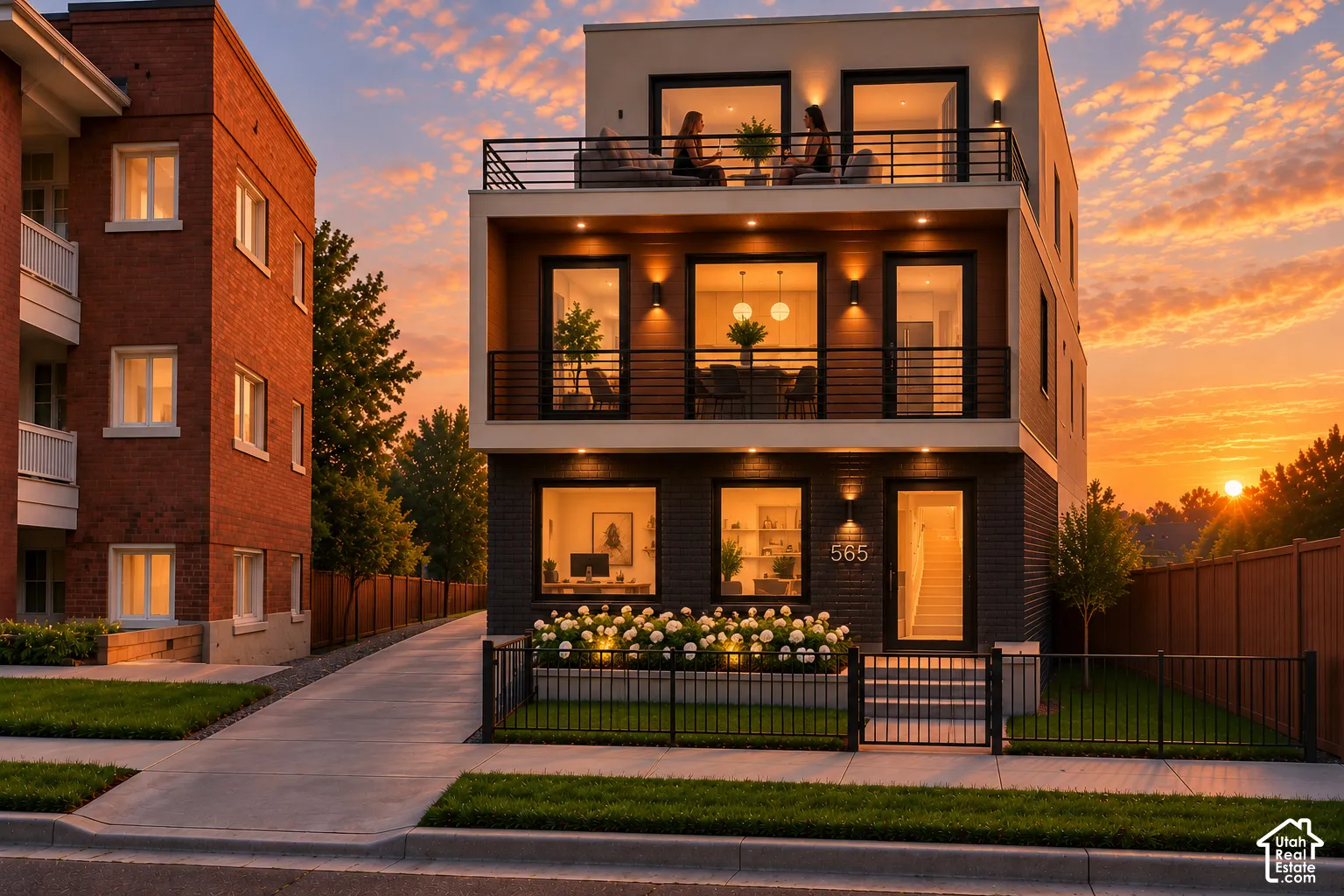Modern multi-story exterior featuring dark masonry siding, two levels of expansive balconies with metal railings, integrated recessed lighting, and a front gated entrance