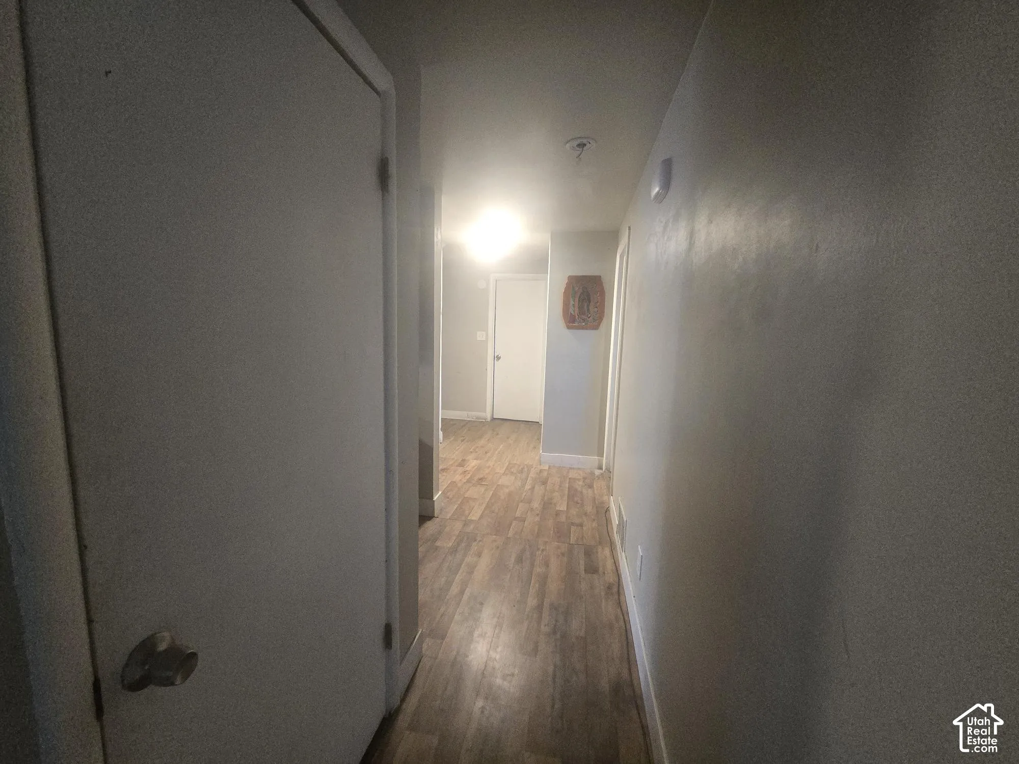 Interior hallway featuring neutral wall paint, wood-finish flooring, and solid-core interior doors with metallic hardware
