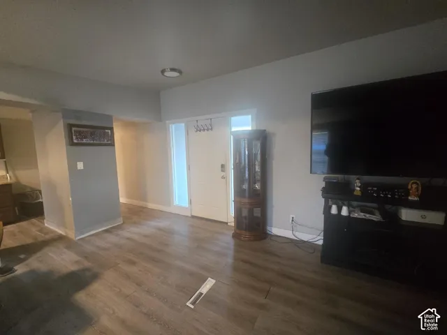 Entry featuring wood-finish flooring, a white panel door with glass sidelights, and a flush-mount light fixture