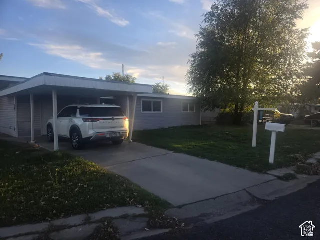 Single-story residence featuring horizontal lap siding, a flat roofline, attached carport, concrete driveway, and mature landscaping