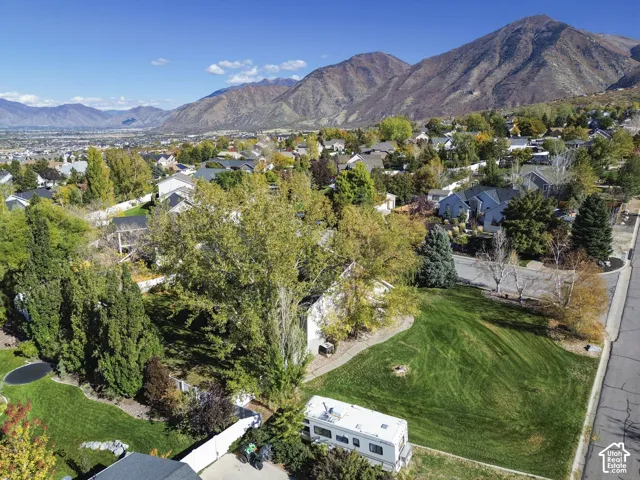 Aerial view of a residential lot featuring a expansive grass lawn, mature deciduous trees, evergreen foliage, and a prominent mountain backdrop