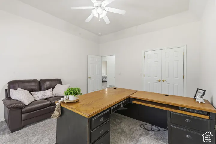 Tray ceiling featuring a central ceiling fan with integrated lighting, neutral wall tones, carpeted flooring, and double-door closet storage