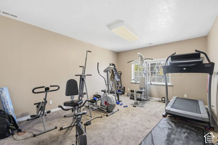 Room featuring neutral wall tones, wall-to-wall carpeting, and a window with white trim