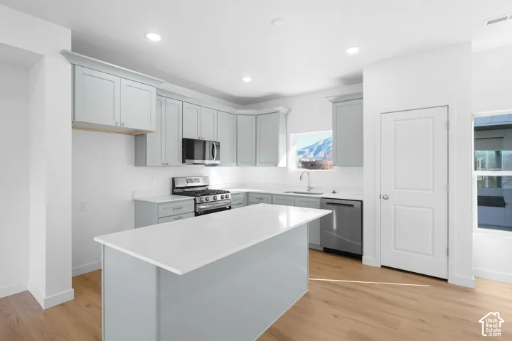 Kitchen featuring light gray cabinetry, a central island with a solid-surface countertop, stainless steel appliances, and wood-finish flooring