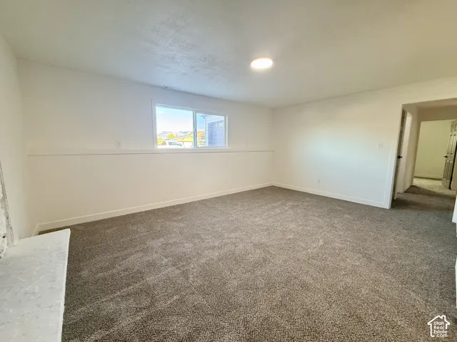 Neutral-toned wall-to-wall carpeting, chair rail molding, and a sliding window with exterior horizon visibility