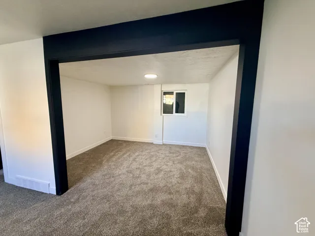 Neutral interior space featuring carpeting, recessed lighting, and a dark-framed structural opening