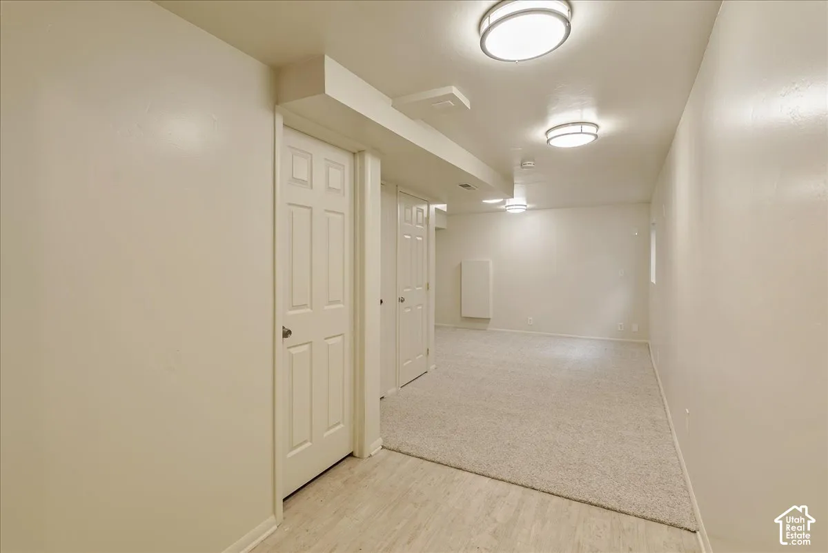 Neutral-toned space featuring light wood-finish flooring, wall-to-wall carpeting, flush-mount circular lighting, and multiple paneled doors