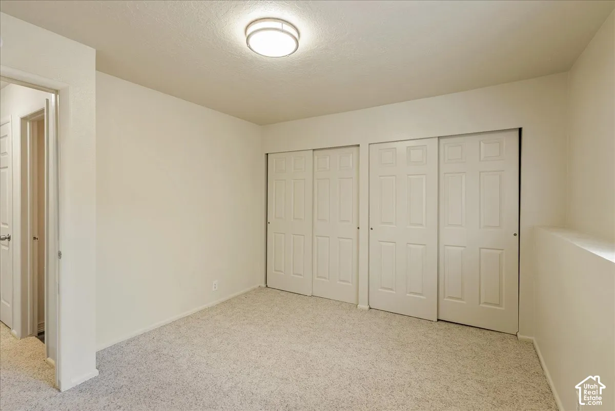 Neutral-toned carpeting, flush-mount ceiling light fixture, and dual bi-fold closet doors with raised-panel detailing