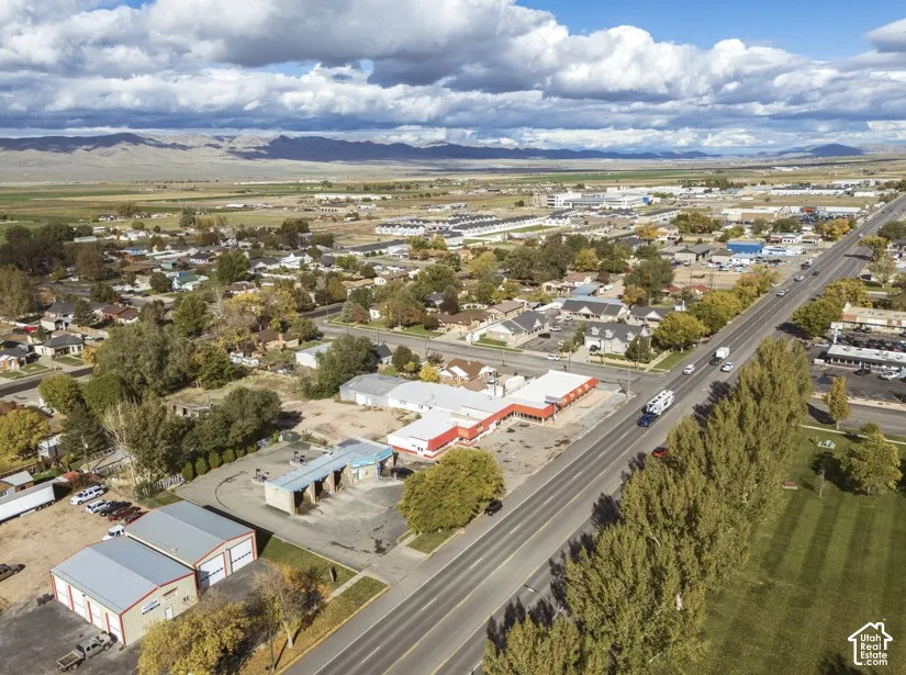 Aerial perspective main street in front of property.