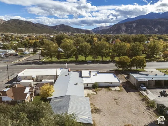 Aerial perspective of a multi-structure commercial property facing east