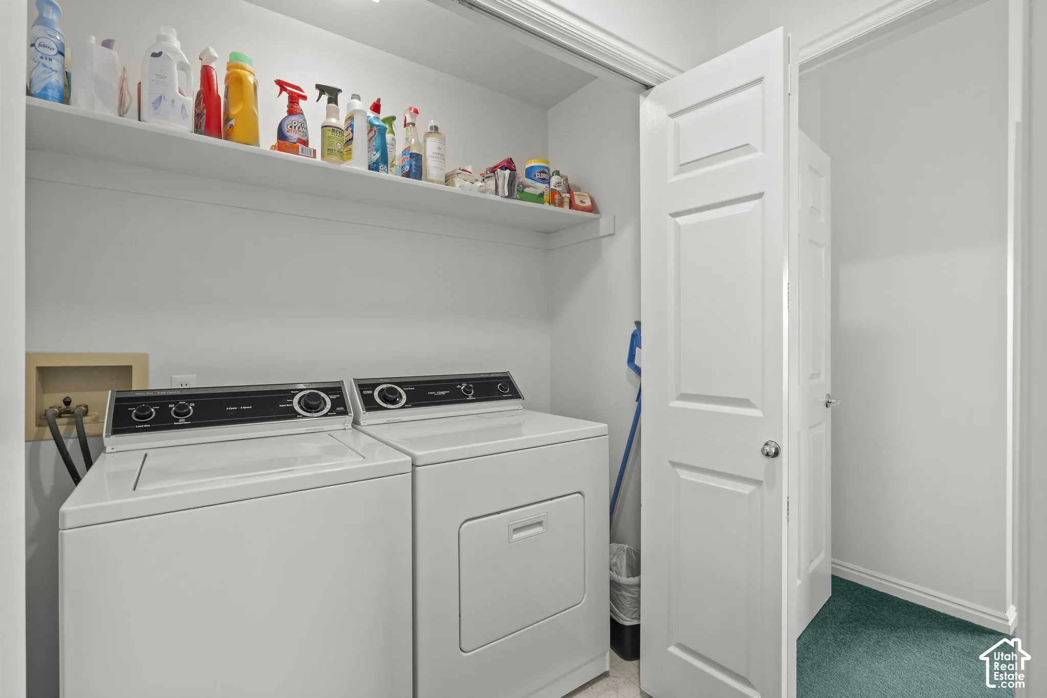 Laundry area featuring white built-in shelving, plumbing hookups, and a paneled swing door
