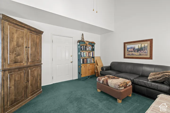 High-ceiling interior space featuring carpeted flooring and a solid-panel entry door