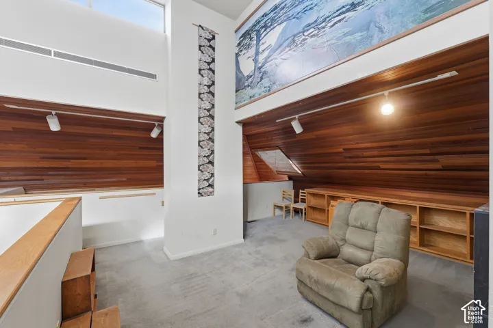 Vaulted ceiling with transom windows, horizontal wood-plank wall paneling, built-in wooden shelving, and adjustable track lighting