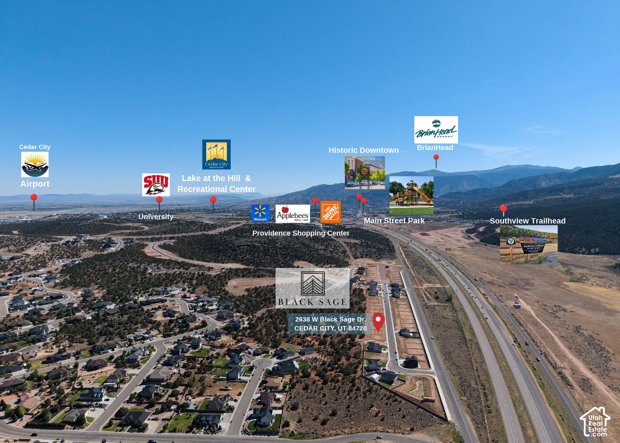 Aerial perspective of the Black Sage development featuring proximity to the Cedar City regional airport, local university campus, Providence shopping district, historic downtown, and mountain trailheads