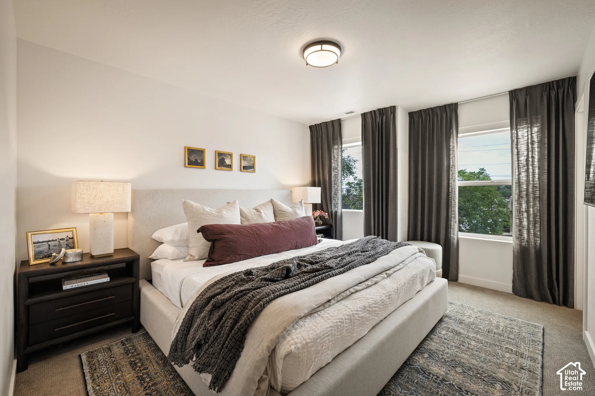 Neutral-toned walls, plush wall-to-wall carpeting, and dual windows with natural light