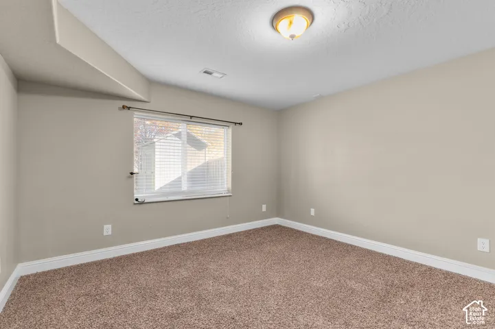 Neutral-toned room featuring wall-to-wall carpeting, a dual-pane window with integrated blinds, and a semi-flush mount ceiling light fixture