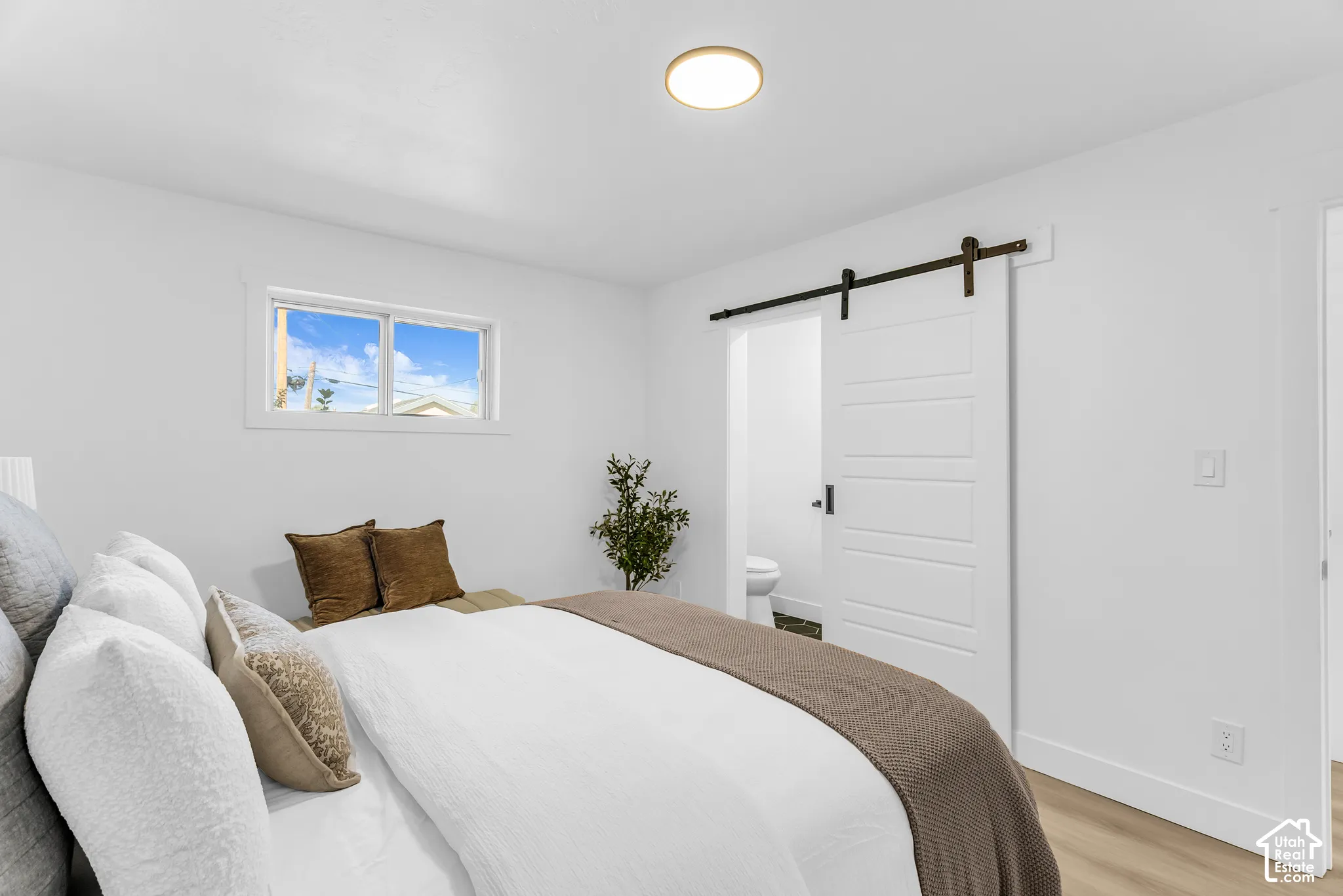 Interior space featuring a white paneled sliding barn door, wood-finish flooring, a white horizontal sliding window, and a circular flush-mount ceiling light fixture
