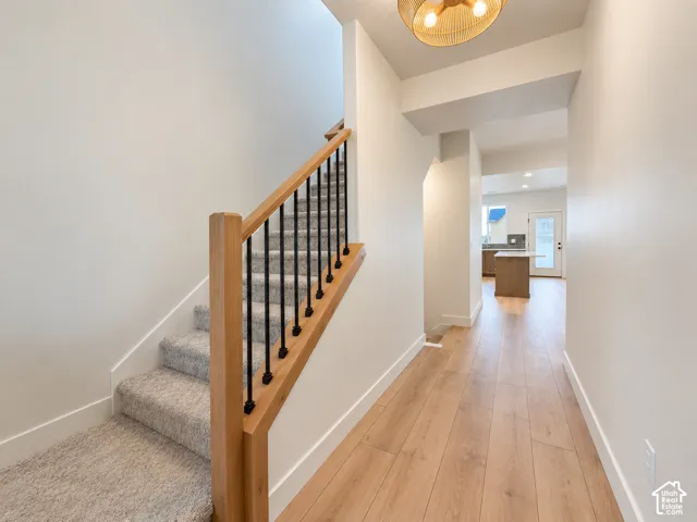 Staircase featuring wood handrails and black metal balusters over carpeted treads, wood-finish flooring, and a drum-style ceiling fixture