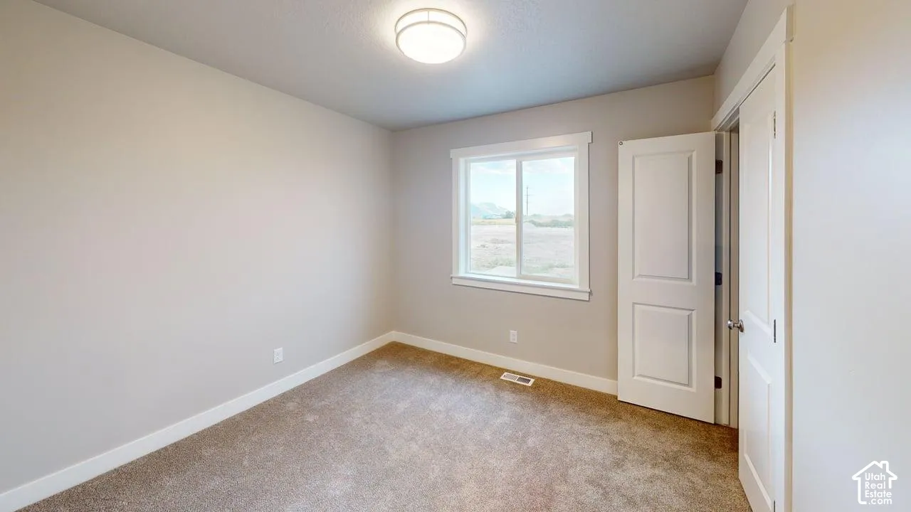 Neutral-toned interior featuring wall-to-wall carpeting, crisp white trim, a single-panel window, and a flush-mount ceiling fixture