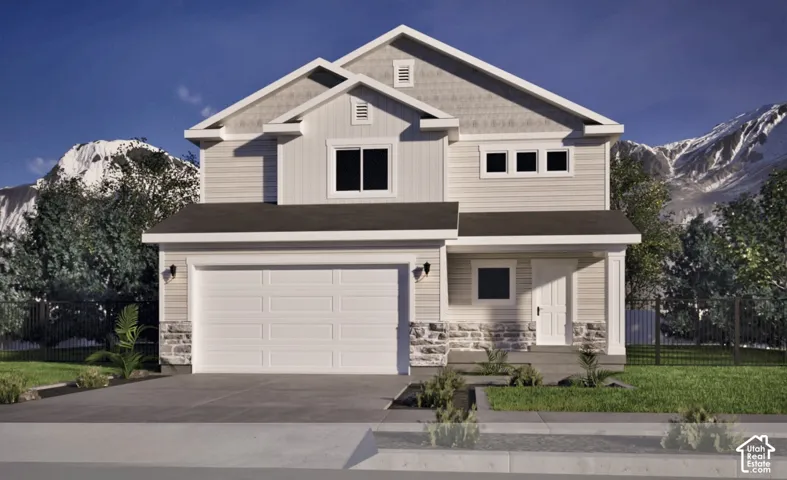 Two-story exterior featuring a horizontal siding and shingle facade, stone veneer accents, an attached two-car garage, and mountain backdrop