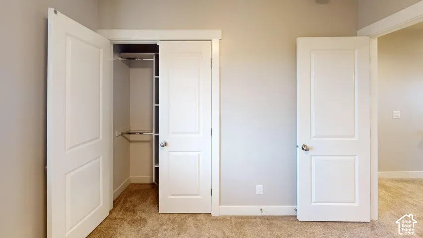 Interior closet featuring white two-panel doors, neutral carpeting, and built-in shelving with integrated clothing rods