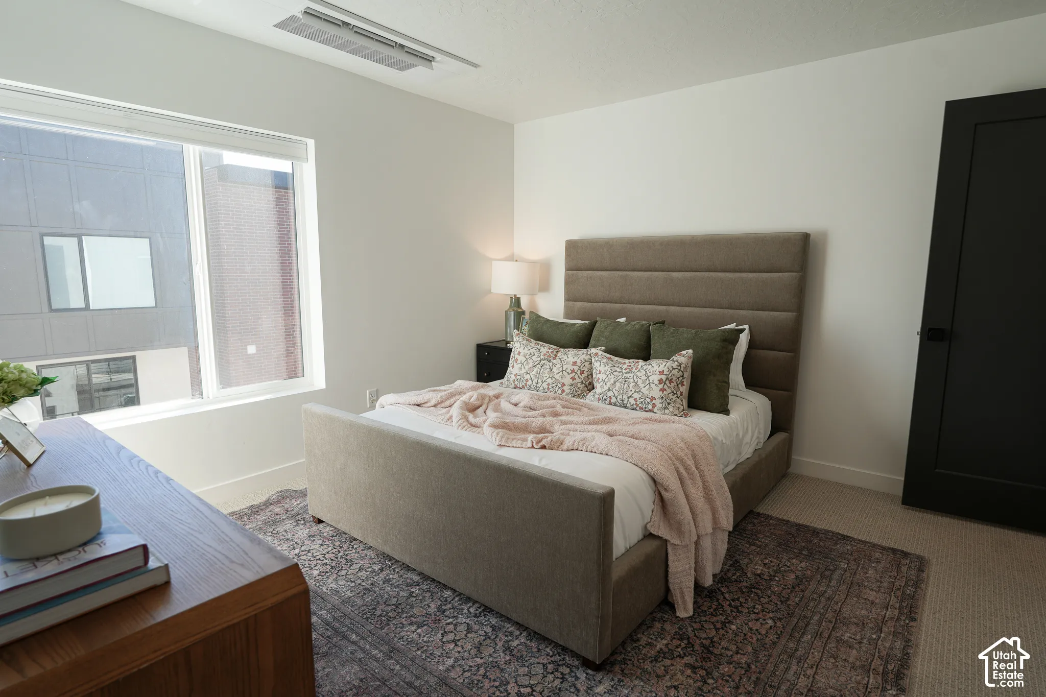 Neutral-toned bedroom featuring large windows, plush carpeting, and a contrasting black door