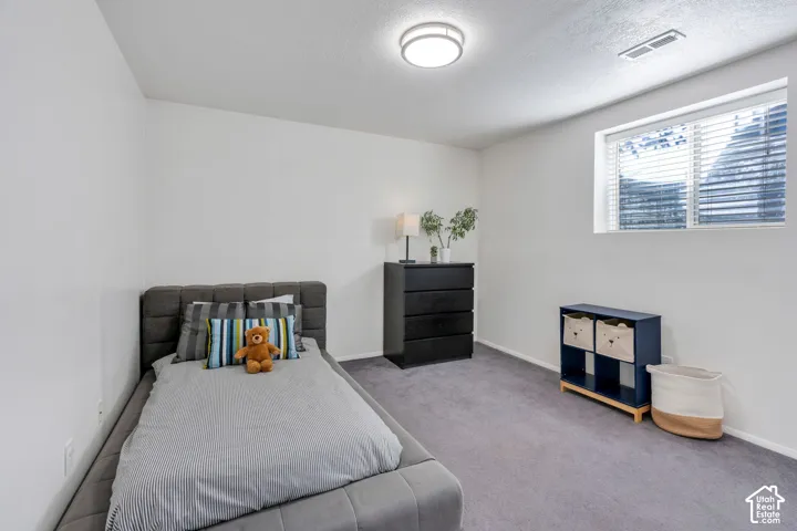 Neutral wall-to-wall carpeting, flush-mount overhead lighting, and a window with horizontal blinds