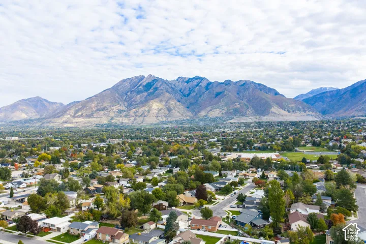 Aerial perspective featuring expansive mountain range backdrop, mature canopy trees, and established neighborhood grid