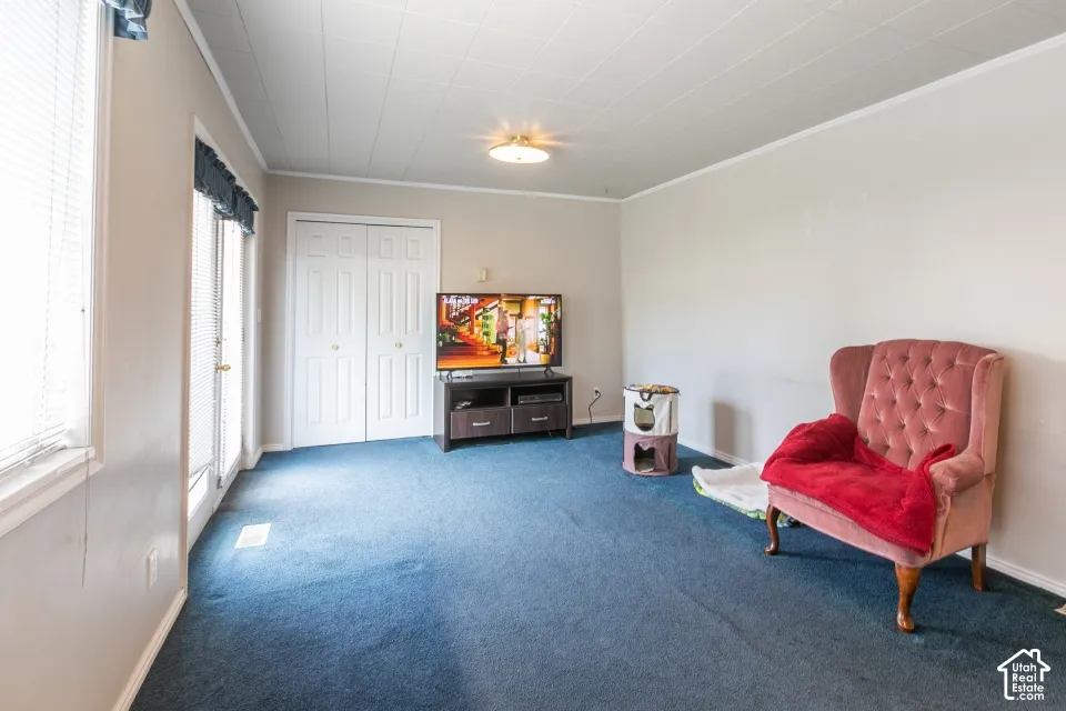 Room featuring wall-to-wall carpeting, dual-panel interior closet doors, and glass-paneled exterior doors with blinds
