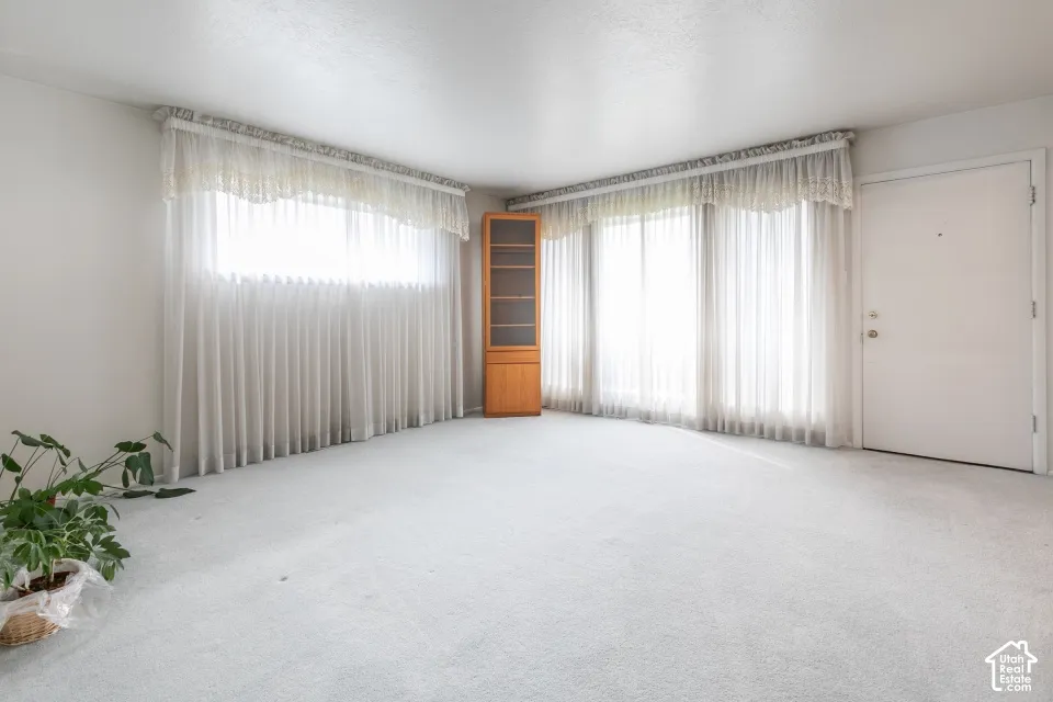 Neutral interior space featuring expansive windows, neutral wall-to-wall carpeting, and a built-in corner cabinet