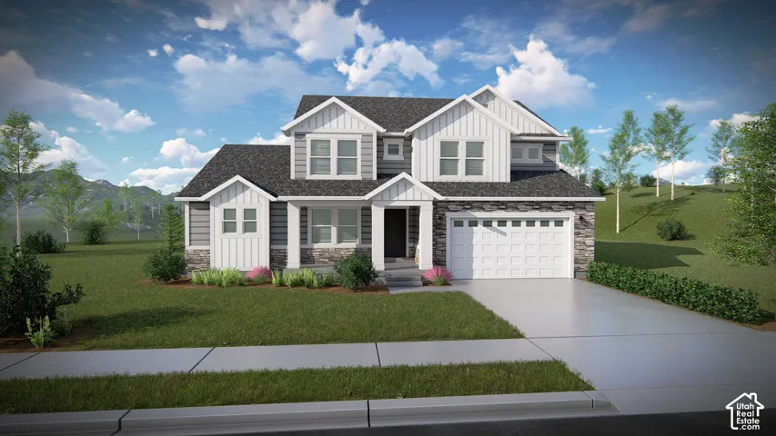 Two-story residence featuring a mixed-material facade of board-and-batten siding, horizontal lap siding, and stone veneer, complemented by a covered entryway, asphalt shingle roof, and a two-car garage